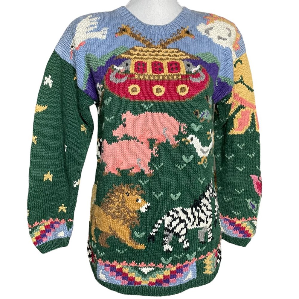 Noah's Ark Sweater VTG S Floral Rainbow Animal Chunky Patchwork Nature Biblical